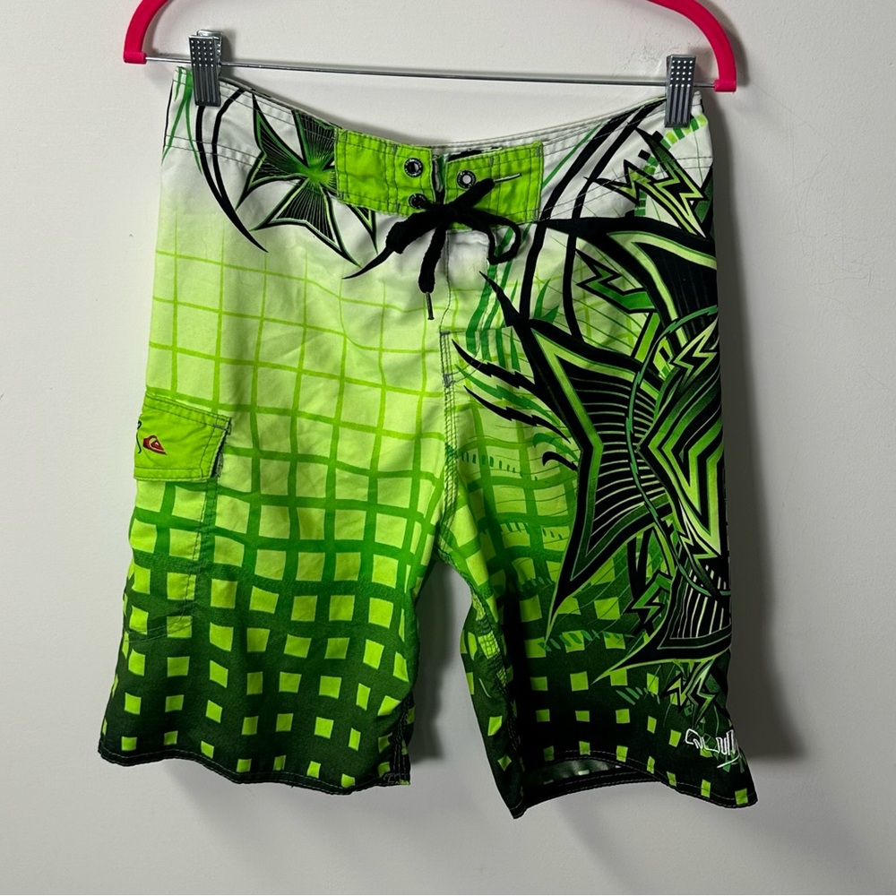 Y2K QUIKSILVER men's green black affliction style board shorts, 30".